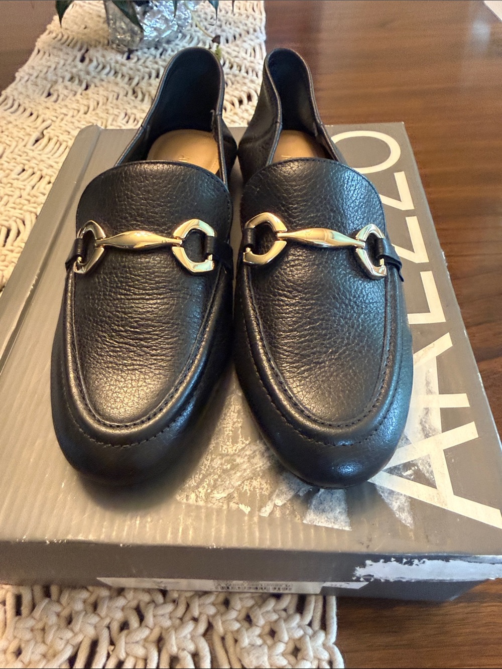 Women's Black Leather Slip-On Loafers with Gold Bit Accent - Picture 8 of 8